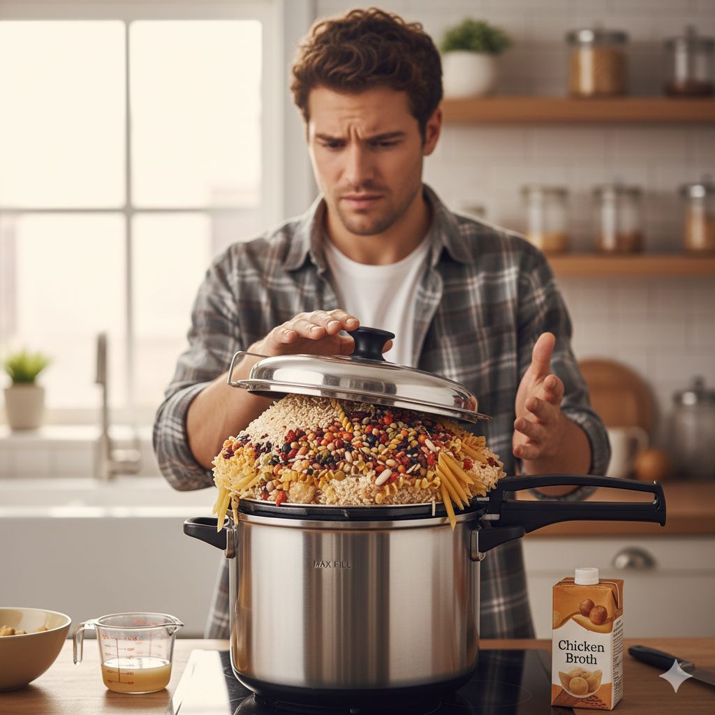 مردی که با حالتی گیج در حال بستن درب یک زودپز است که بیش از حد با حبوبات و پاستا پر شده و از خط استاندارد آن بالاتر رفته است.