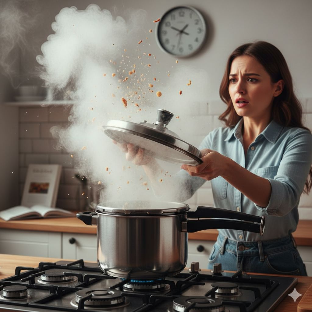زنی با چهره وحشتزده که درب زودپز را زود باز کرده و بخار داغ و محتویات غذا با فشار به بیرون پرتاب میشوند؛ یکی از اشتباهات خطرناک استفاده از زودپز.