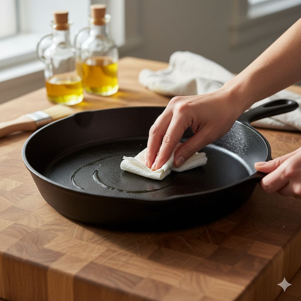 مراحل چاشنی کردن (Seasoning) تابه چدنی با مالیدن یک لایه نازک روغن برای ایجاد سطح نچسب.