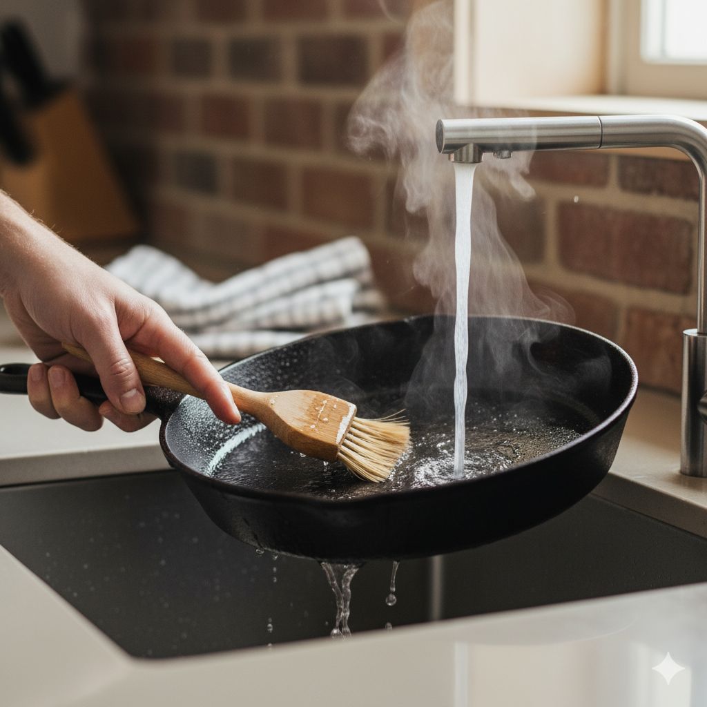 روش صحیح شستشوی روزانه تابه چدنی با آب داغ و برس نرم برای حفظ لایه نچسب.