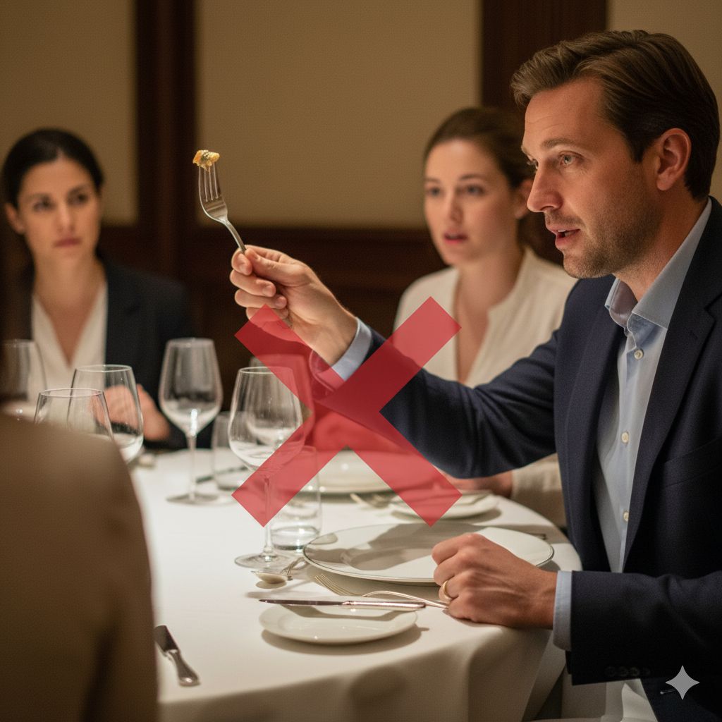 اشتباه رفتاری و صحبت کردن با قاشق و چنگال در دست حین صرف غذا.