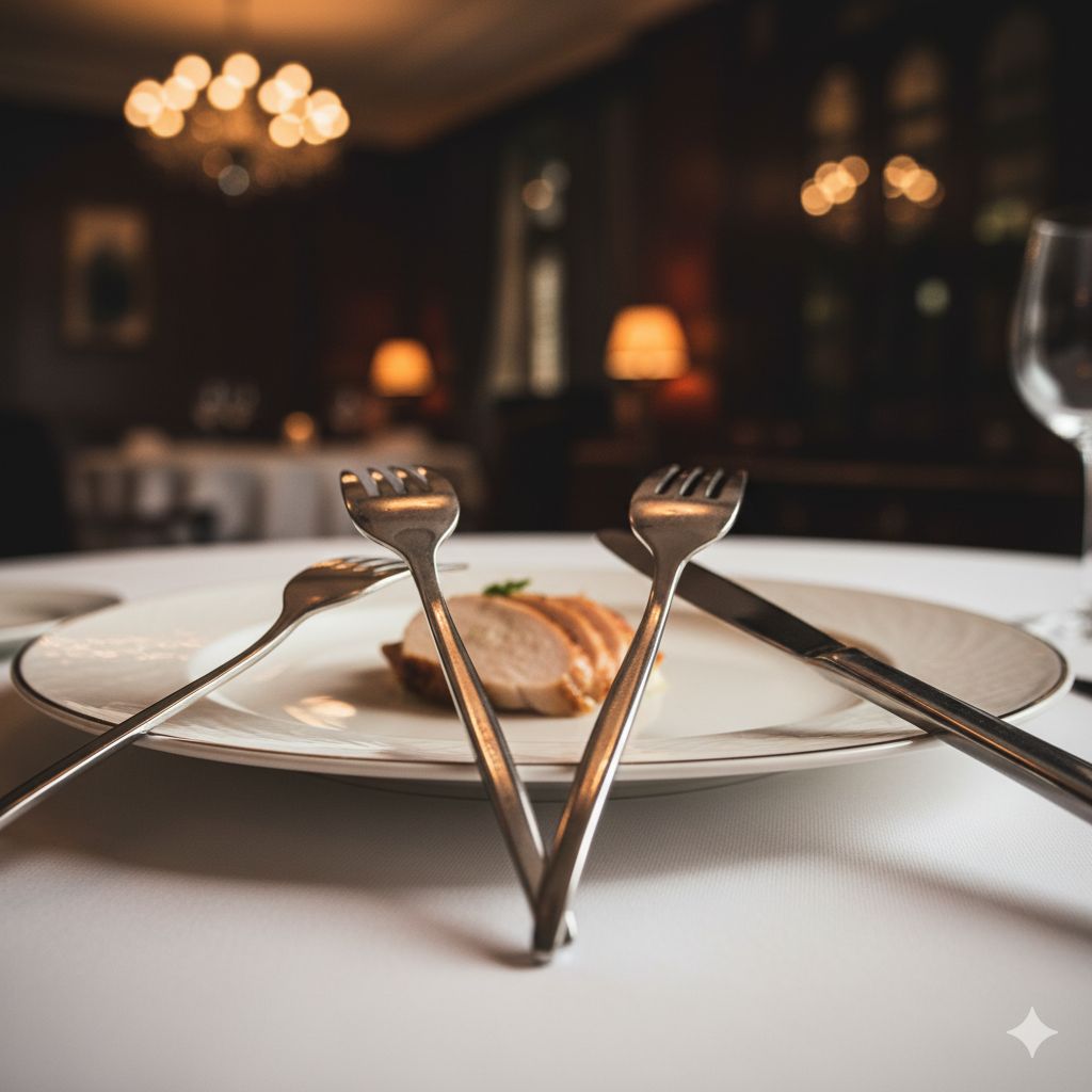 نحوه صحیح قرار دادن کارد و چنگال روی بشقاب برای نشان دادن استراحت در حین غذا خوردن.