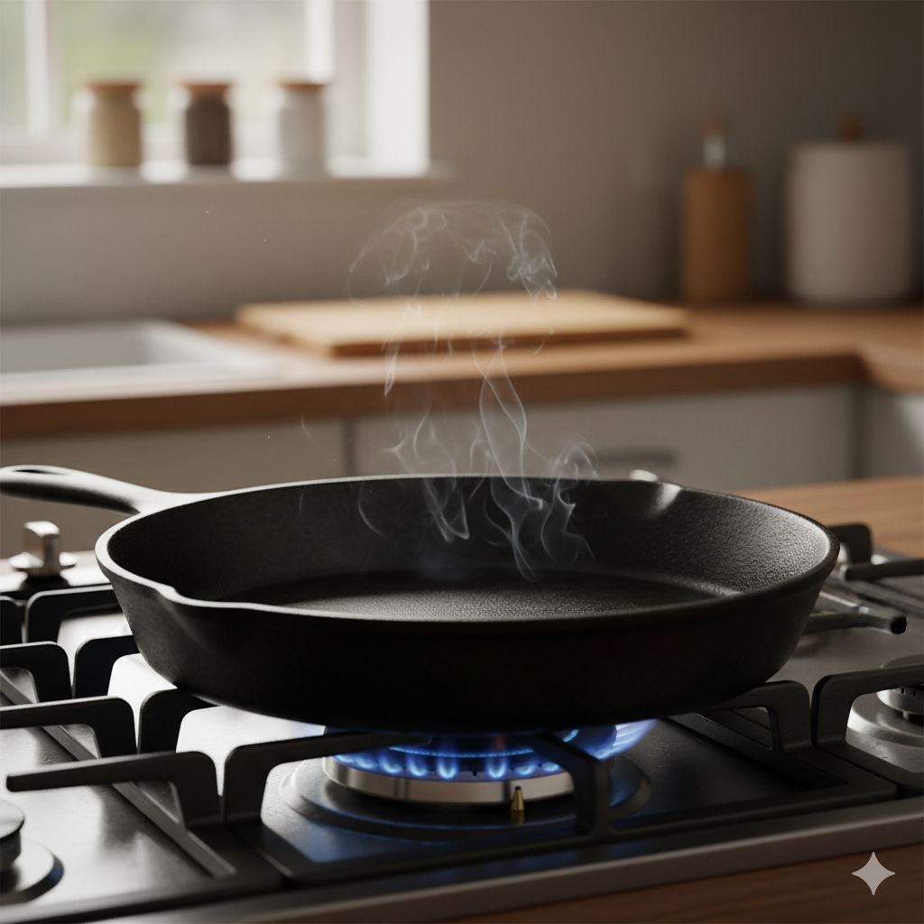 اهمیت پیشگرم کردن تابه چدن قبل از پخت استیک برای داشتن پوستهای ترد.