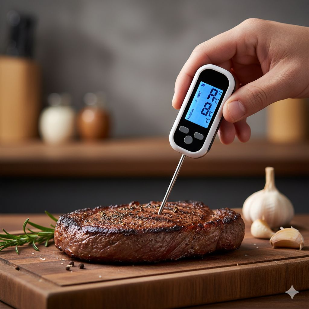 استفاده از دماسنج برای چک کردن دمای داخلی استیک و رسیدن به پخت دلخواه.