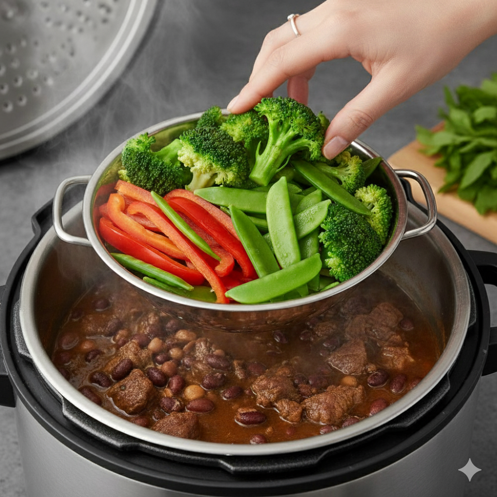 "نمایی از داخل یک زودپز که درب آن باز است. در لایه زیرین، یک خورش گوشت و حبوبات پخته شده دیده میشود. یک دست در حال قرار دادن سبزیجات تازه و رنگارنگ مانند بروکلی، فلفل دلمهای قرمز و نخود فرنگی در یک سبد بخارپز است که روی خورش قرار میگیرد. متن بالای تصویر به فارسی به ترتیب افزودن مواد اشاره دارد."