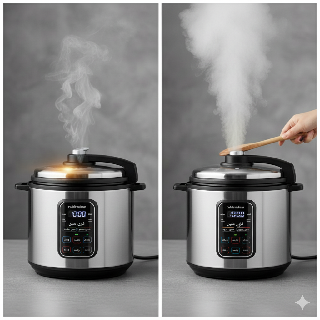 "تصویری مقایسهای از دو زودپز برقی. در سمت چپ، یک زودپز با درب بسته و بخار ملایمی که به تدریج خارج میشود (Natural Release) با متن فارسی 'آزادسازی طبیعی' و فلش رو به پایین. در سمت راست، زودپز دیگری با بخار شدید در حال خروج از سوپاپ، که یک دست با قاشق چوبی سوپاپ را باز کرده است (Quick Release) با متن فارسی 'آزادسازی سریع' و فلش رو به بالا. هر دو زودپز صفحه نمایش دیجیتال دارند."