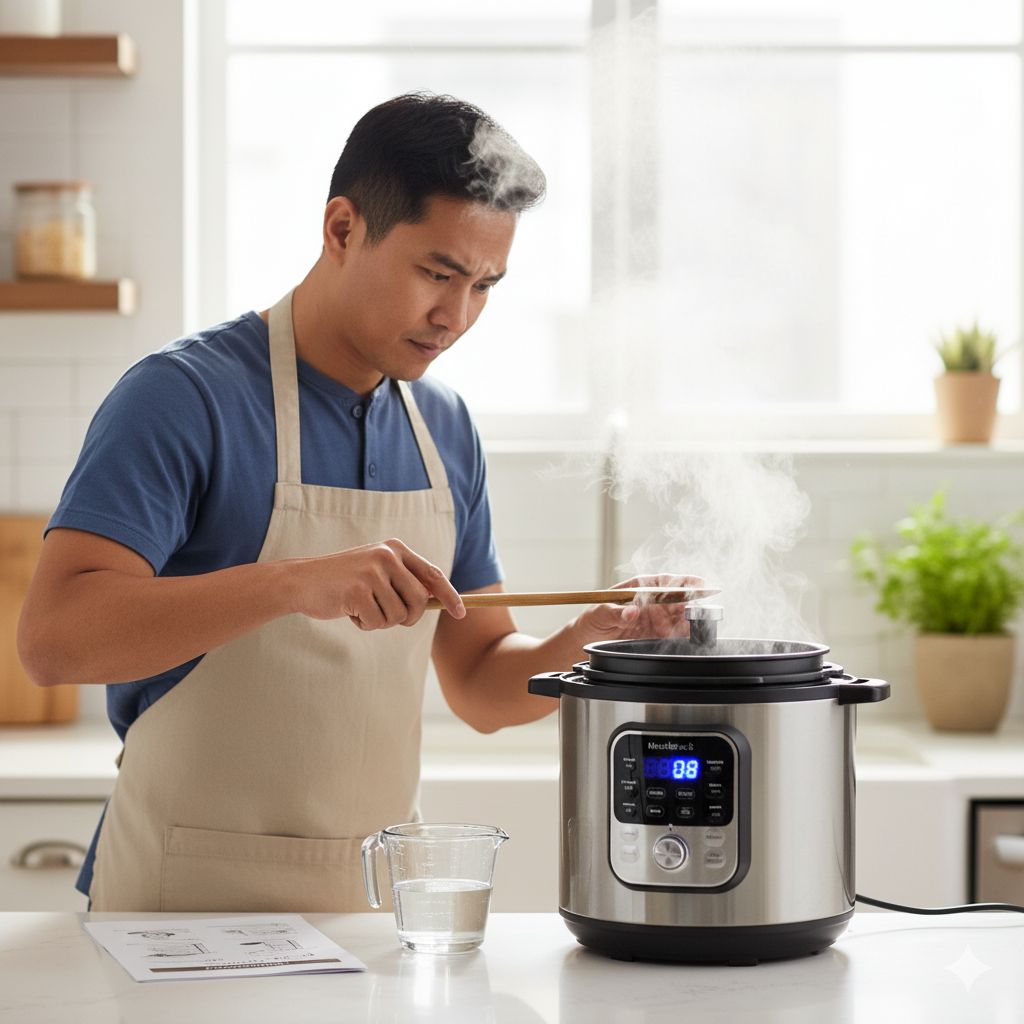 مردی با چهره‌ای متمرکز، در حال انجام تست آب زودپز و استفاده از یک قاشق چوبی برای تخلیه ایمن بخار از سوپاپ دستگاه.
(این متن عمل "تست آب" و "تخلیه ایمن بخار" را که در مقاله توضیح داده شده، به خوبی