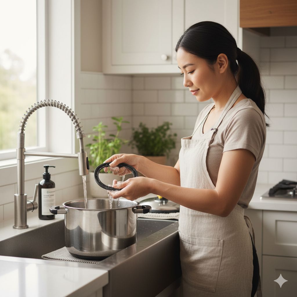 زنی با دقت در حال شستن واشر سیلیکونی درب زودپز در سینک آشپزخانه به عنوان مرحله آماده‌سازی قبل از اولین استفاده.