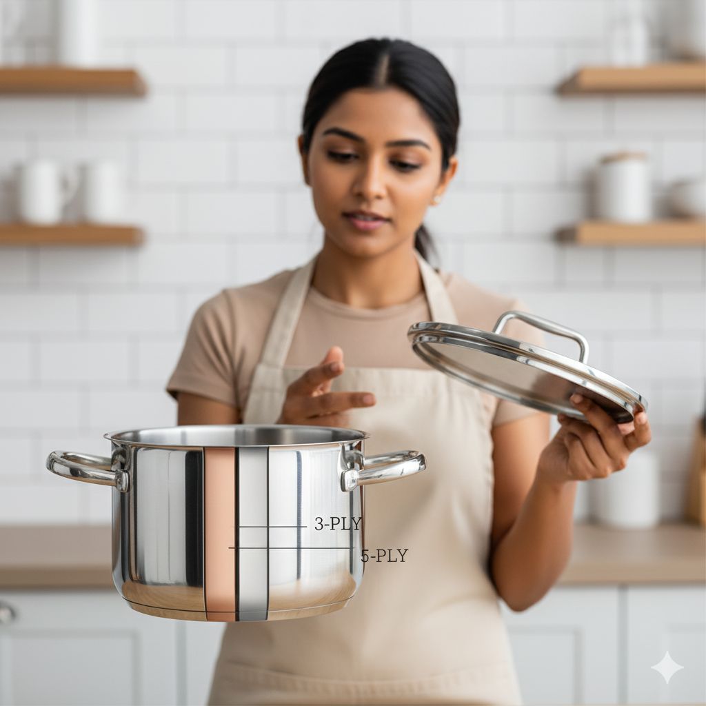 نمای نزدیک از ساختار داخلی و لایههای فلزی یک قابلمه چندلایه که تفاوت ساختاری آن را برای انتخاب بهتر نشان میدهد.