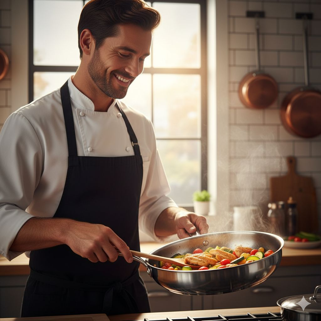 پخت یکنواخت غذا در یک تابه چندلایه که نشاندهنده توزیع عالی حرارت و جلوگیری از سوختن غذا است.