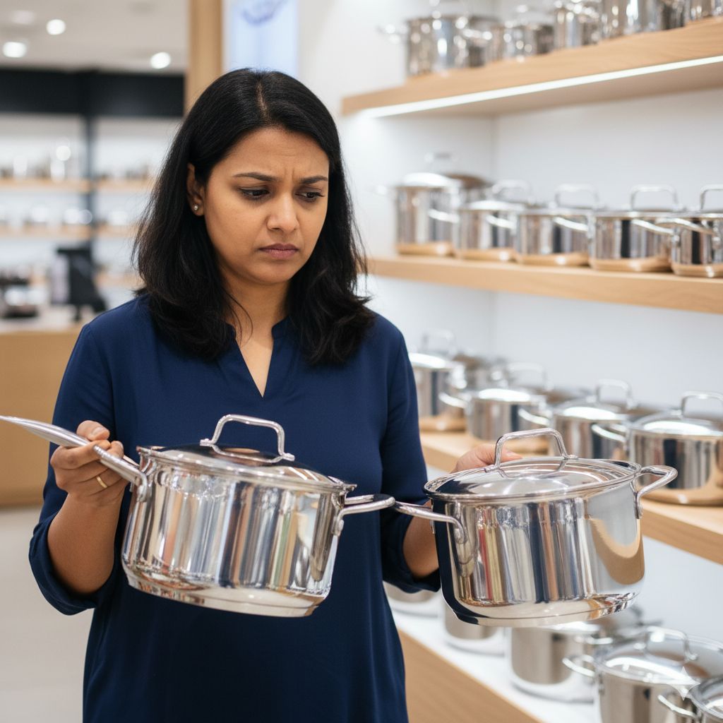 مشتری در فروشگاه در حال مقایسه وزن و ضخامت یک قابلمه ۳-لایه با یک قابلمه ۵-لایه برای تصمیمگیری در خرید.