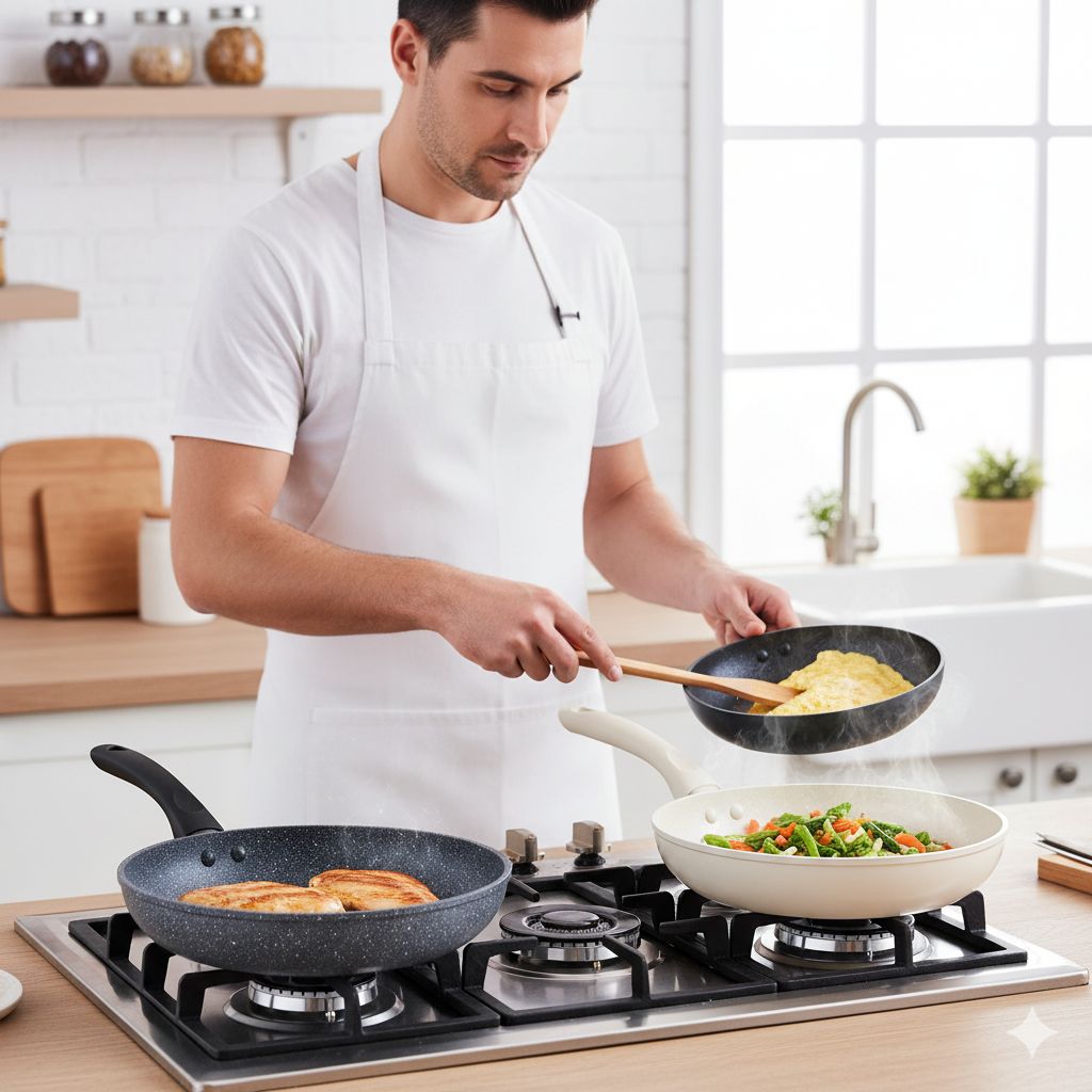 یک سرآشپز مرد با پیشبند سفید در حال آشپزی همزمان با سه تابه مختلف (یکی گرانیتی در چپ، یکی تفلون در وسط و یکی سرامیکی در راست) روی اجاق گاز است. او با استفاده از یک کفگیر چوبی در حال پختن مواد غذایی در تابه است.