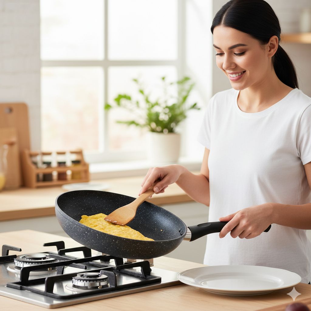 یک زن جوان با لبخند و لباس سفید، در آشپزخانهای با نور مناسب، در حال پختن املت در یک تابه گرانیتی تیره است. او با استفاده از یک کفگیر چوبی، لبه املت را برای اطمینان از نچسب بودن بررسی میکند. تابه کاملاً نچسب به نظر میرسد و غذا به راحتی جدا میشود.