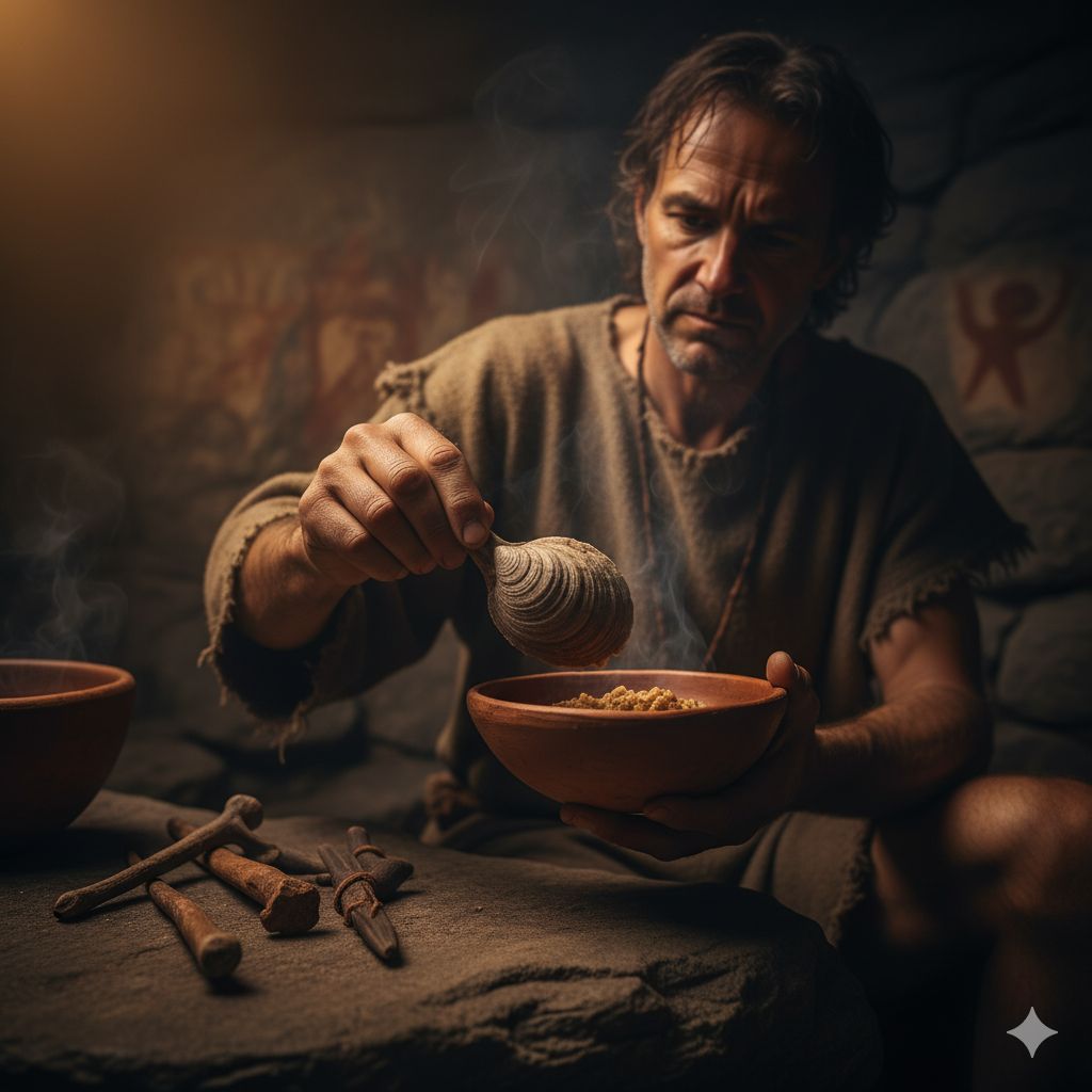 تصویری از یک مرد با ظاهر انسان اولیه، با موهای بلند و لباسهای خشن، که در یک محیط غارمانند نشسته است. او با استفاده از یک صدف بزرگ به عنوان قاشق، مشغول خوردن غذا از یک کاسه سفالی قهوهای است. دود از غذا بلند میشود. ابزارهای سنگی و استخوانهای حیوانات در کنار او روی یک تخته سنگ دیده میشوند.