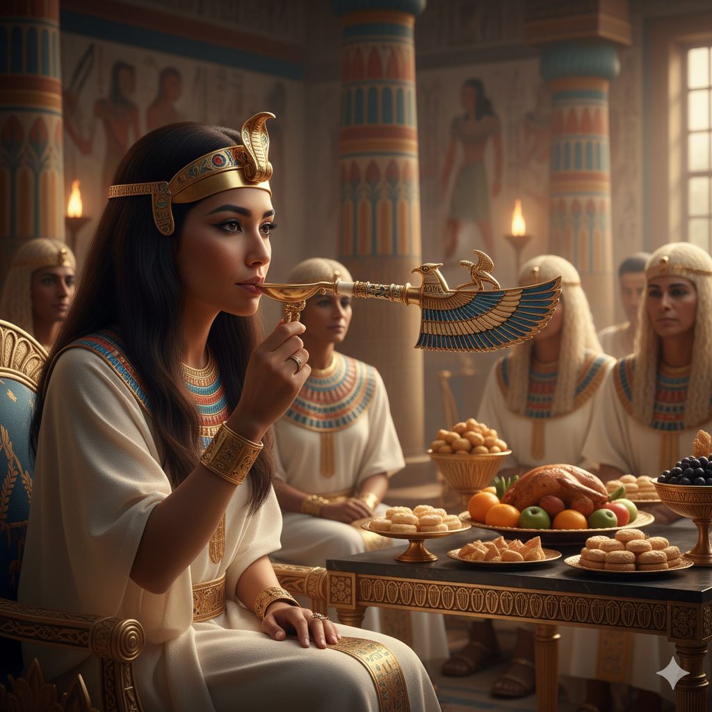 یک بانوی اشرافی مصری با لباسهای سفید و تزئینات طلایی از جمله سربند کبرا، در حال خوردن غذا با یک قاشق طلایی و بسیار تزئین شده است. قاشق دارای طراحی شبیه به یک پرنده است. او در یک ضیافت مجلل مصری با ستونهای نقاشی شده و میز پر از میوهها و شیرینیها نشسته است. سایر مهمانان با لباسهای مشابه در پسزمینه دیده میشوند.