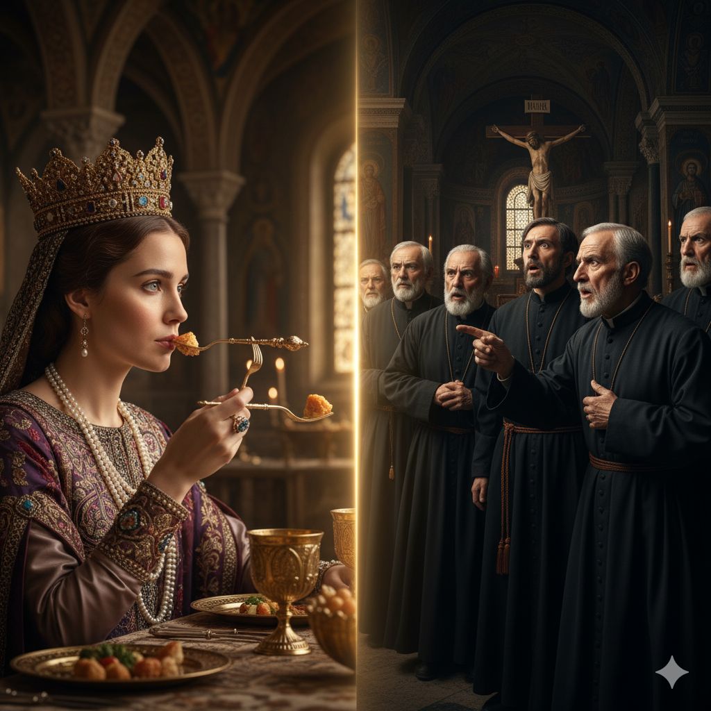 تصویری ترکیبی که در سمت چپ، یک شاهزاده خانم بیزانسی با تاج طلا و لباس بنفش پر زرق و برق را نشان میدهد که با ظرافت از یک چنگال کوچک طلا برای خوردن غذا استفاده میکند. در سمت راست، گروهی از کشیشان ونیزی با لباسهای سیاه و ردا، با حالتی از شوک و اعتراض به سمت راست اشاره میکنند، گویی در حال سرزنش استفاده از چنگال هستند. پسزمینه کشیشان نمادی از یک کلیسای تاریک با صلیب است.