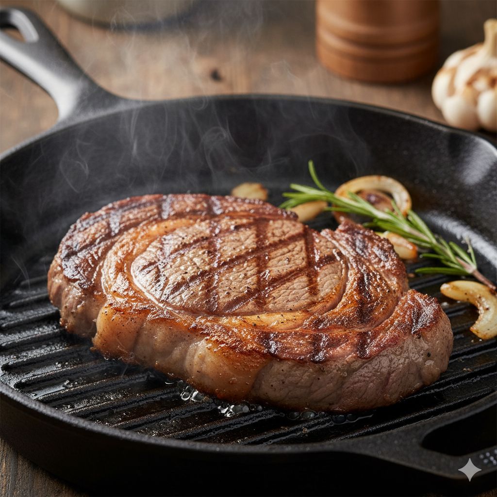 یک تکه استیک ریبای ضخیم و آبدار در حال سرخ شدن در یک تابه گریل چدنی داغ، با برشتگی (Searing) کامل و خطوط گریل مشخص که نشاندهنده حفظ و توزیع عالی گرما است.