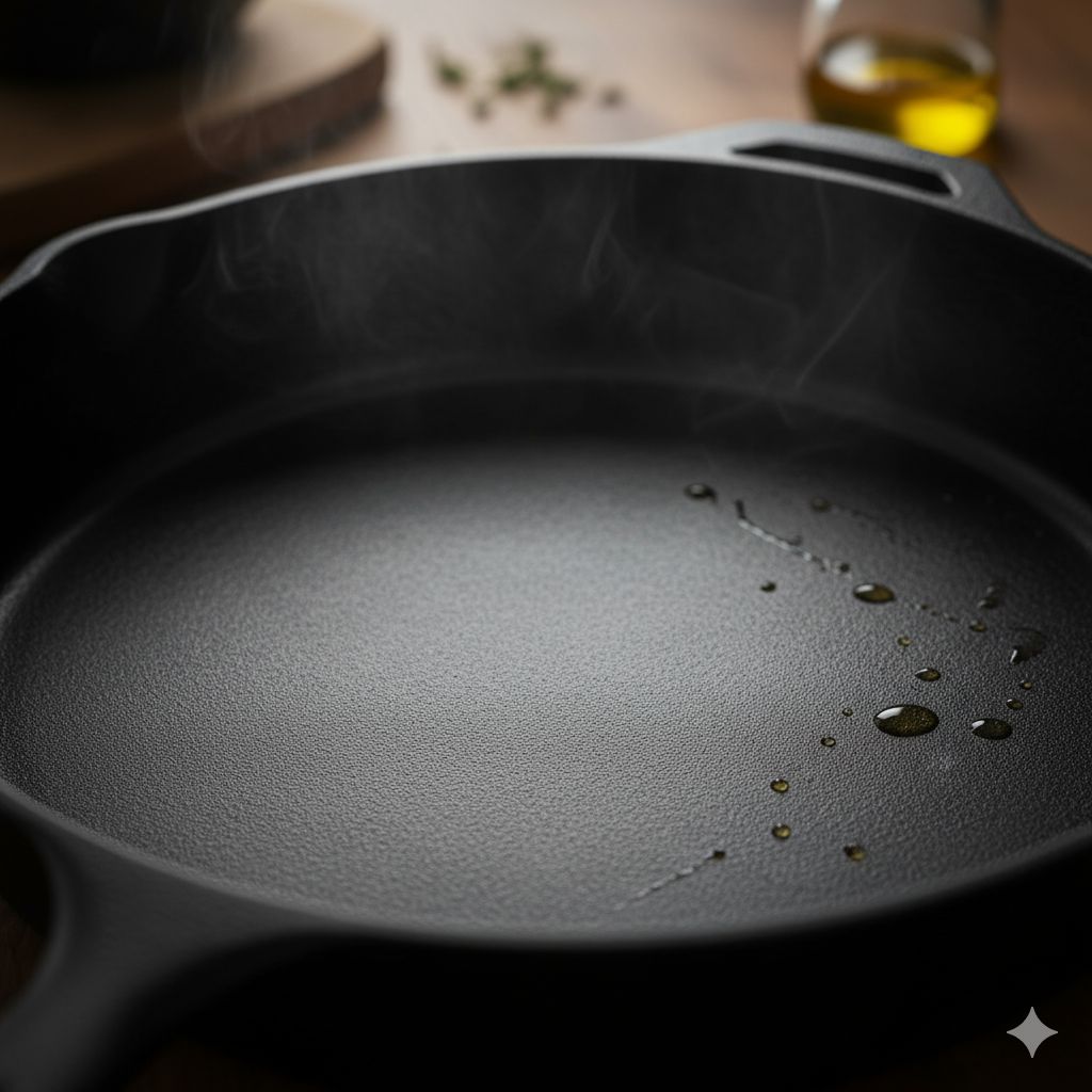 نمای نزدیک از سطح صاف، مشکی و براق یک تابه چدنی که به خوبی سیزنینگ (روغنکاری) شده است، با چند قطره روغن که درخشش لایه نچسب طبیعی آن را نشان میدهد.