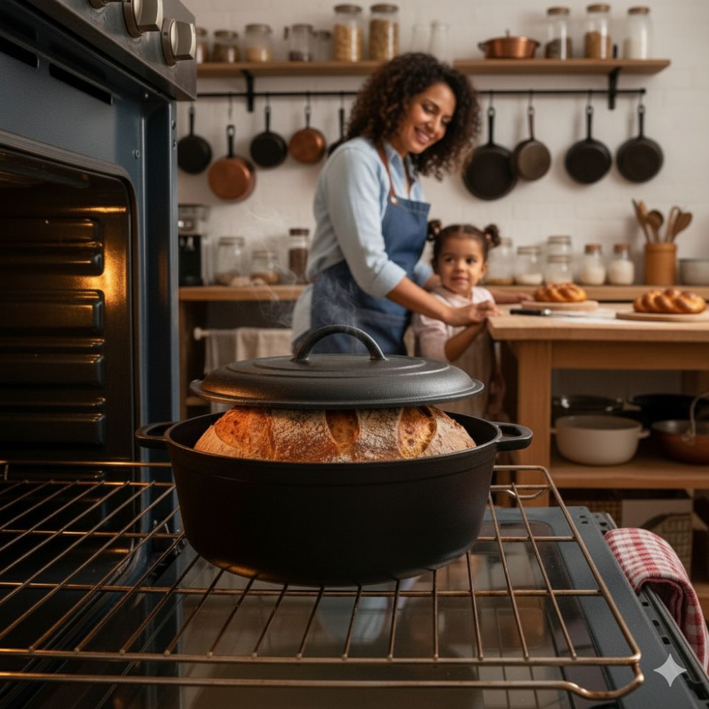 یک قابلمه چدنی مشکی (دیگ هلندی) با نان روستایی با پوسته ترد که به تازگی در داخل فر پخته شده است، زنی در پسزمینه در حال تماشای پخت نان در کنار کودک است که استفاده از چدن در فر برای پخت را نشان میدهد.