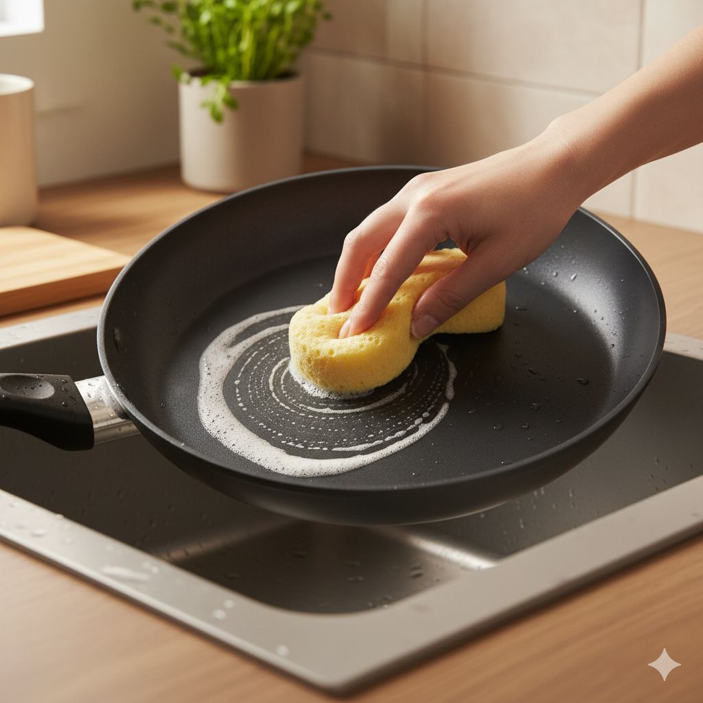 شستشوی دستی تابه نچسب با اسفنج نرم و مایع ظرفشویی ملایم در سینک ظرفشویی. این عکس بر روش صحیح و آرام شستشوی تابه برای جلوگیری از آسیب تاکید دارد.