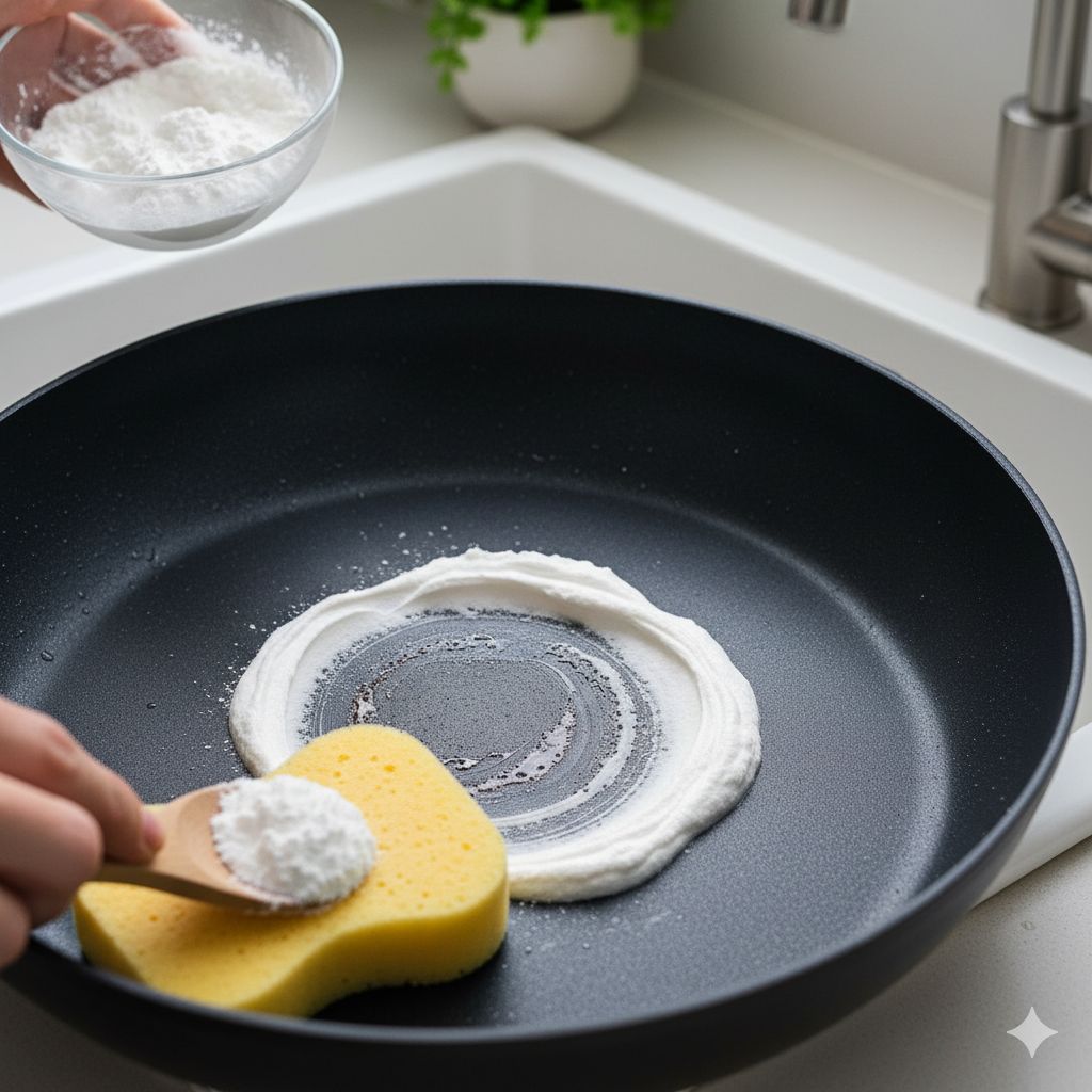 استفاده از خمیر جوششیرین برای از بین بردن لکههای سوختگی داخل تابه نچسب، با یک اسفنج نرم در کنار آن. این روش طبیعی برای پاکسازی لکههای سرسخت بدون آسیب به پوشش است.