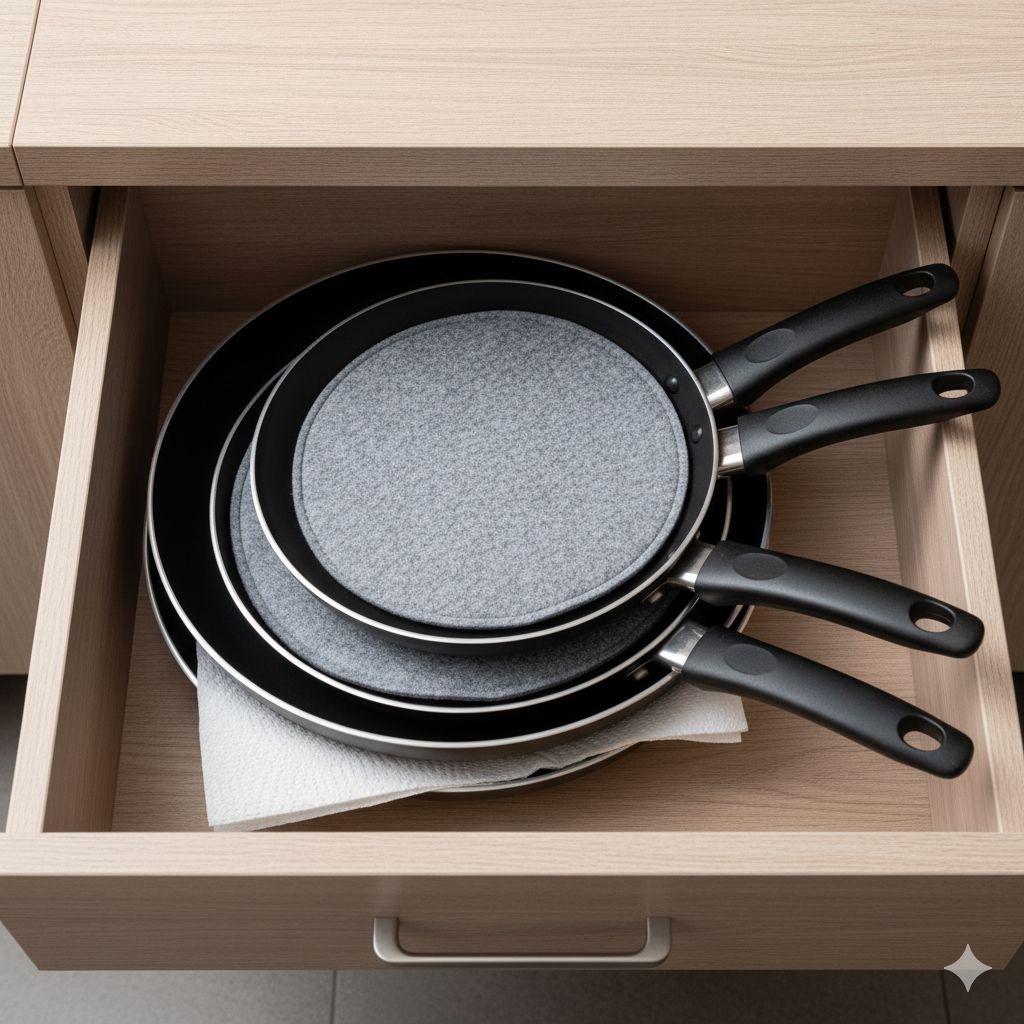 نحوه صحیح نگهداری تابههای نچسب در کشو، با قرار دادن پدهای محافظ یا دستمال کاغذی بین هر تابه برای جلوگیری از خراش و آسیب به پوشش. این تصویر اهمیت محافظت فیزیکی از تابهها را نشان میدهد.