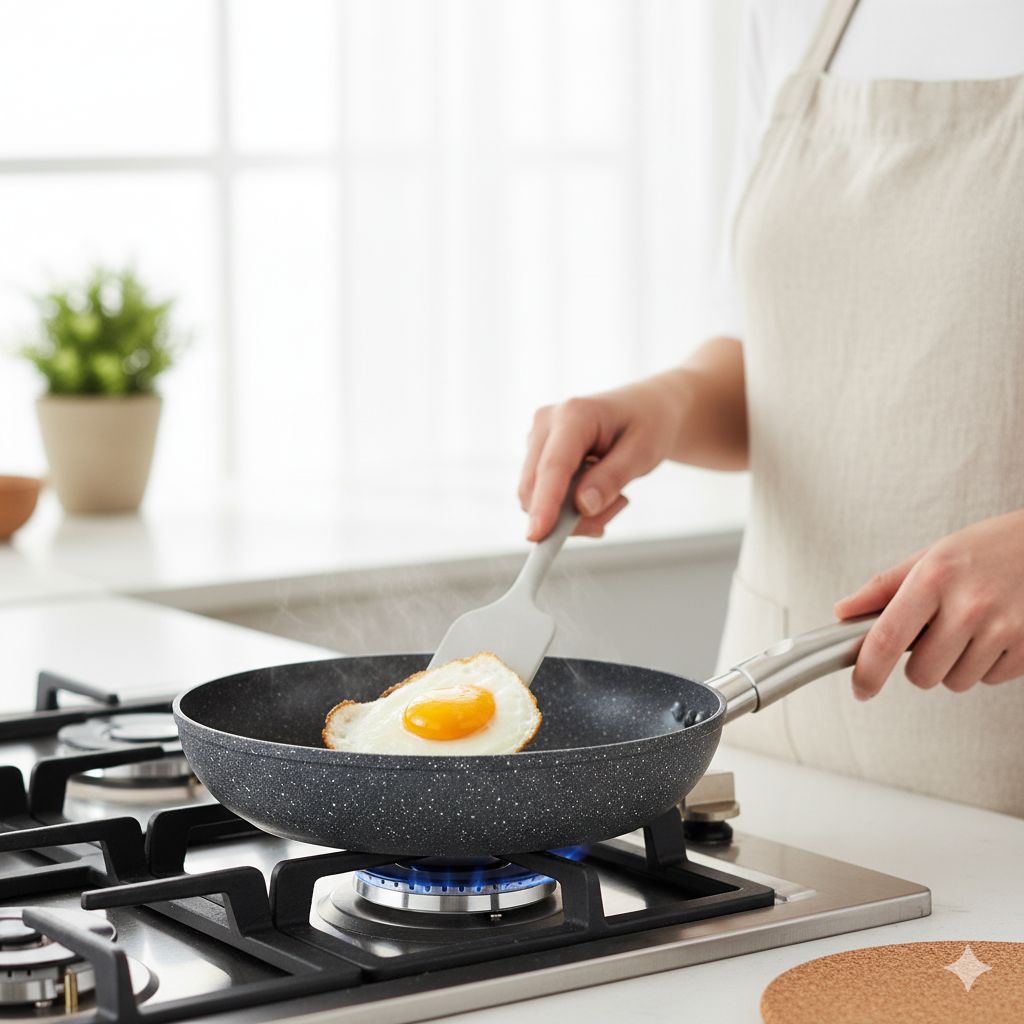 نمای نزدیک از یک تابه نچسب روی اجاق گاز روشن با شعلهای ملایم و متوسط، که نشاندهنده پختوپز با حرارت کم برای حفظ پوشش است.