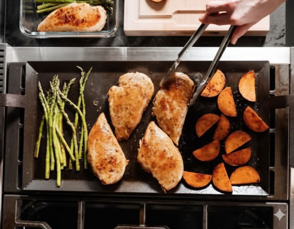 یک قطعه سینه مرغ گریل شده یا ماهی سالمون که به راحتی از سطح یک تابه نچسب (با ظاهر گرانیتی) جدا می‌شود، بدون هیچ روغن اضافی. دست فردی در حال جابجایی غذا با کفگیر در تابه دیده می‌شود.