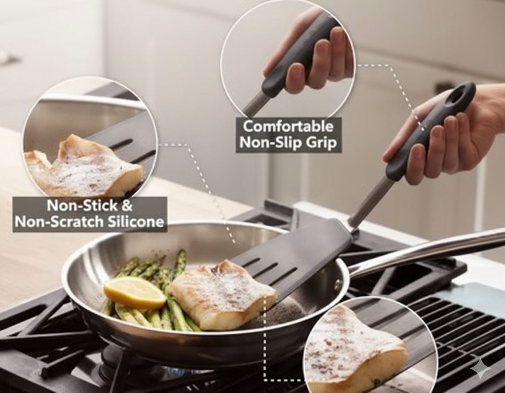 دستی که با استفاده از یک کفگیر سیلیکونی در حال برگرداندن یک فیله ماهی در تابه نچسب است. این تصویر بر استفاده از ابزار مناسب برای جلوگیری از خراش و حفظ پوشش تابه تأکید دارد.