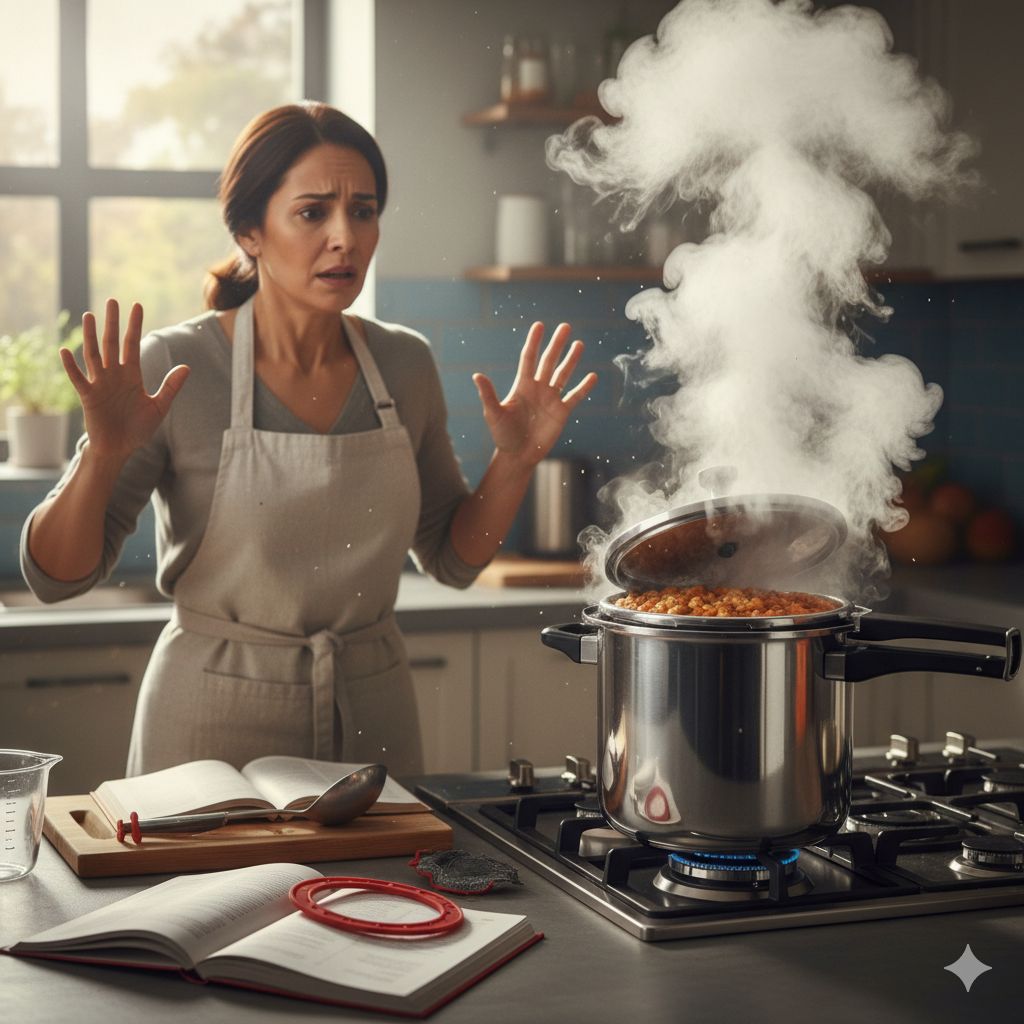 زنی با چهره نگران در آشپزخانه که به زودپز در حال خروج بخار زیاد نگاه می‌کند؛ این تصویر یکی از اشتباهات رایج در استفاده از زودپز را نشان می‌دهد.