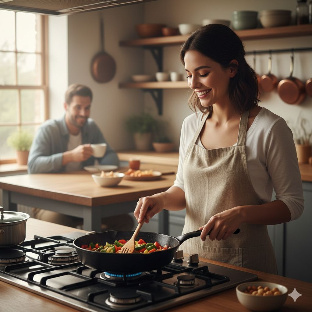 آشپزی لذت‌بخش یک خانم با تابه چدنی که به درستی از آن نگهداری شده است.