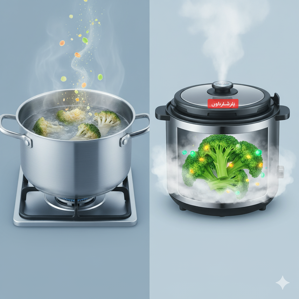 "تصویری مقایسه‌ای: در سمت چپ، کلم بروکلی در حال جوشیدن در یک قابلمه روی اجاق گاز است که ذرات رنگی محو شده نشان‌دهنده از بین رفتن ویتامین‌ها هستند. در سمت راست، کلم بروکلی در حال بخارپز شدن داخل یک زودپز است که ذرات رنگی درخشان نشان‌دهنده حفظ ویتامین‌ها هستند. متن زیر تصاویر به زبان فارسی روش پخت سنتی و زودپز را مقایسه می‌کند."
