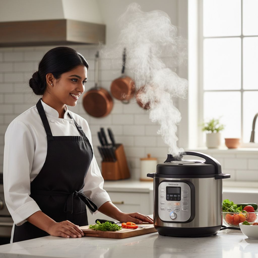 یک زن آشپز با لبخندی رضایت‌بخش در آشپزخانه‌ای مدرن، به یک زودپز برقی که در حال پخت غذا و خروج بخار است نگاه می‌کند.