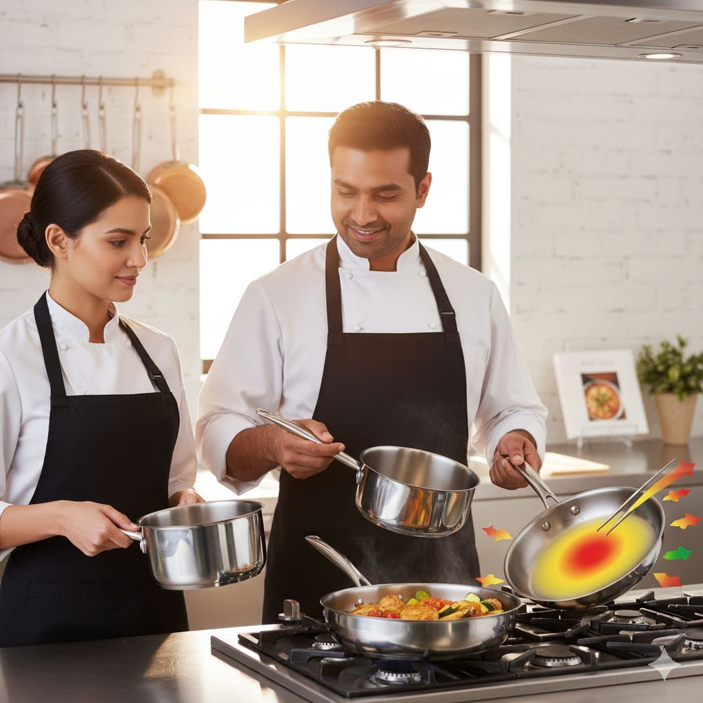 سرآشپز حرفه‌ای با لبخندی مطمئن، یک قابلمه استیل چندلایه براق را به عنوان نمادی از کیفیت و پخت حرفه‌ای در دست دارد.