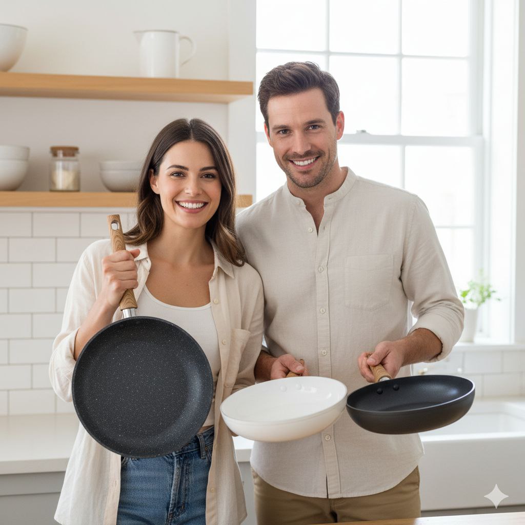 یک زوج در آشپزخانه‌ای مدرن ایستاده‌اند. زن با لبخند یک تابه گرانیتی با دسته چوبی را در دست چپ خود نگه داشته است. مرد در سمت راست زن، دو تابه دیگر را در دست دارد: یک تابه سرامیکی سفید و یک تابه تفلون مشکی. هر دو با لباس‌های راحتی و لبخند به دوربین نگاه می‌کنند.