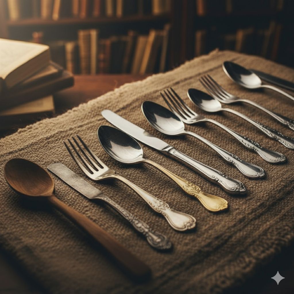 چیدمان هنرمندانه و متنوعی از قاشق‌ها، چنگال‌ها و چاقوها در سبک‌های مختلف تاریخی و مدرن، که روی یک پارچه با بافت درشت و رنگ خنثی قرار گرفته‌اند. قاشق‌های چوبی، فلزی ساده، و نقره‌ای با کنده‌کاری‌های ظریف در کنار چنگال‌ها و چاقوهای مختلف چیده شده‌اند. یک ظرف دکوری کوچک و چند کتاب قدیمی در پس‌زمینه محو دیده می‌شوند.