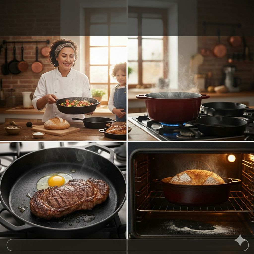 چندین قابلمه و تابه چدنی در یک آشپزخانه روستیک، زنی با لبخند در حال پخت غذا در تابه چدنی و یک کودک در کنار او. در قاب دیگر یک قابلمه چدنی لعابی قرمز رنگ روی اجاق گاز و یک نان محلی داخل دیگ چدنی در فر دیده می‌شود که نماد تطبیق‌پذیری چدن برای نسل‌ها است.