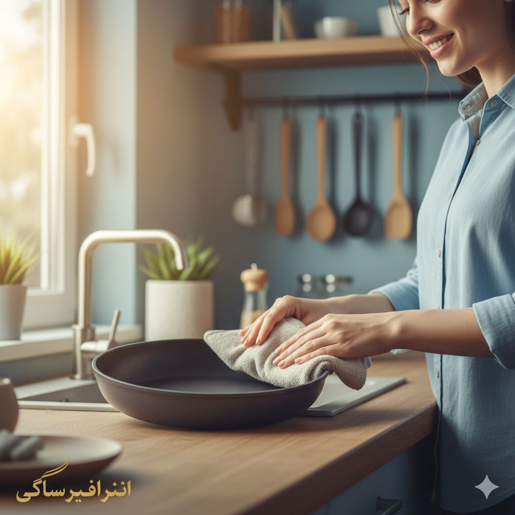 زنی در حال خشک کردن دقیق یک تابه نچسب مشکی در آشپزخانه، با نور طبیعی و ملایم از پنجره. این تصویر نشان‌دهنده اهمیت مراقبت و تمیز کردن صحیح تابه نچسب برای افزایش طول عمر آن است.