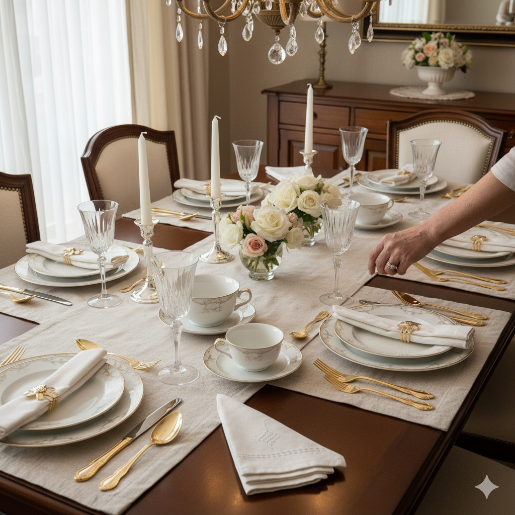 میز پذیرایی شیک با ست قاشق و چنگال مدرن و ظروف لوکس، اصول ست کردن کارد و چنگال