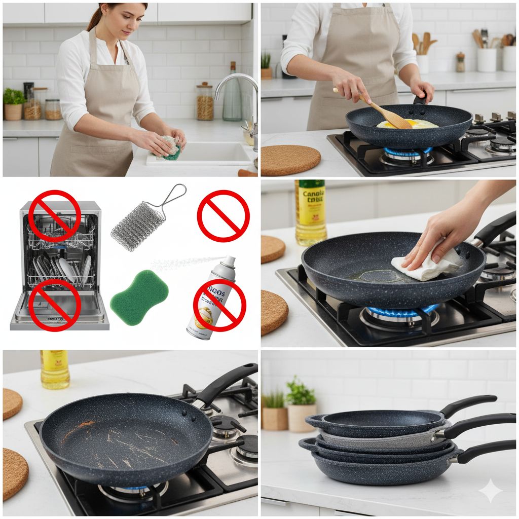 کولاژی جامع از نکات نگهداری قابلمه نچسب: شامل زنی که با شعله متوسط آشپزی می‌کند، زنی که تابه را با اسفنج نرم می‌شوید، علامت‌های ممنوعیت (سیم ظرفشویی، ماشین ظرفشویی، اسپری روغن) و مقایسه یک تابه آسیب‌دیده با یک تابه جدید.