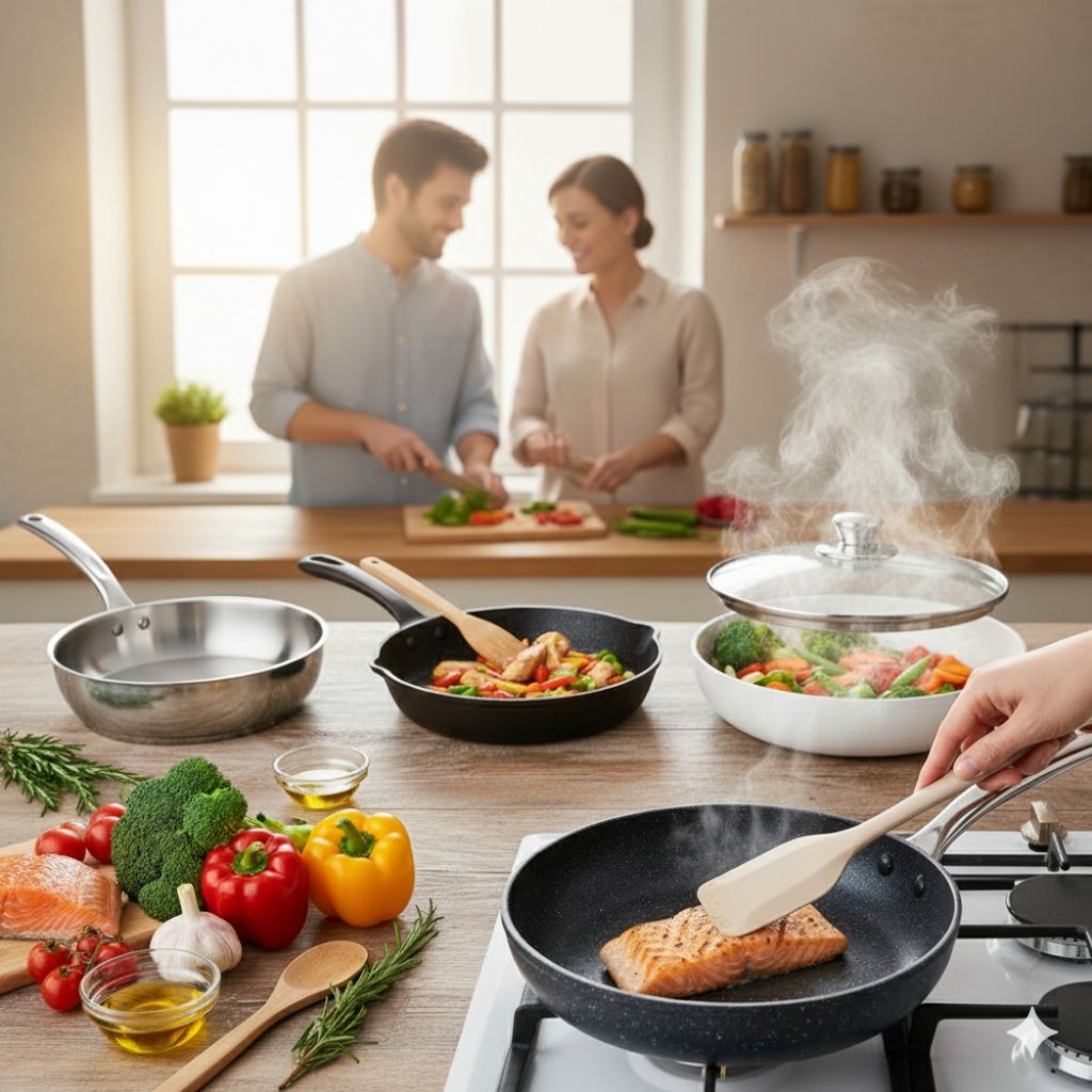 زوجی در حال آشپزی با انواع تابه رژیمی (استیل، چدن، سرامیک و نچسب)، همراه با مواد غذایی سالم و تازه. یک نقل قول روی تصویر قرار دارد که به ایمن‌ترین مواد پخت‌وپز اشاره می‌کند.