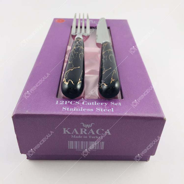 کارد و چنگال میوه خوری کاراجا مدل سرامیکی طرح ماربل مشکی